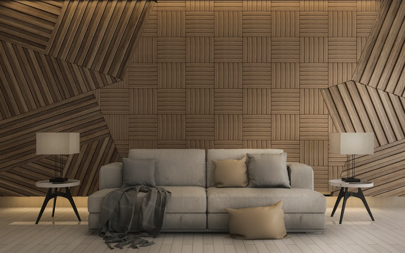 Modern living space with wood slat wall and pink accent chair